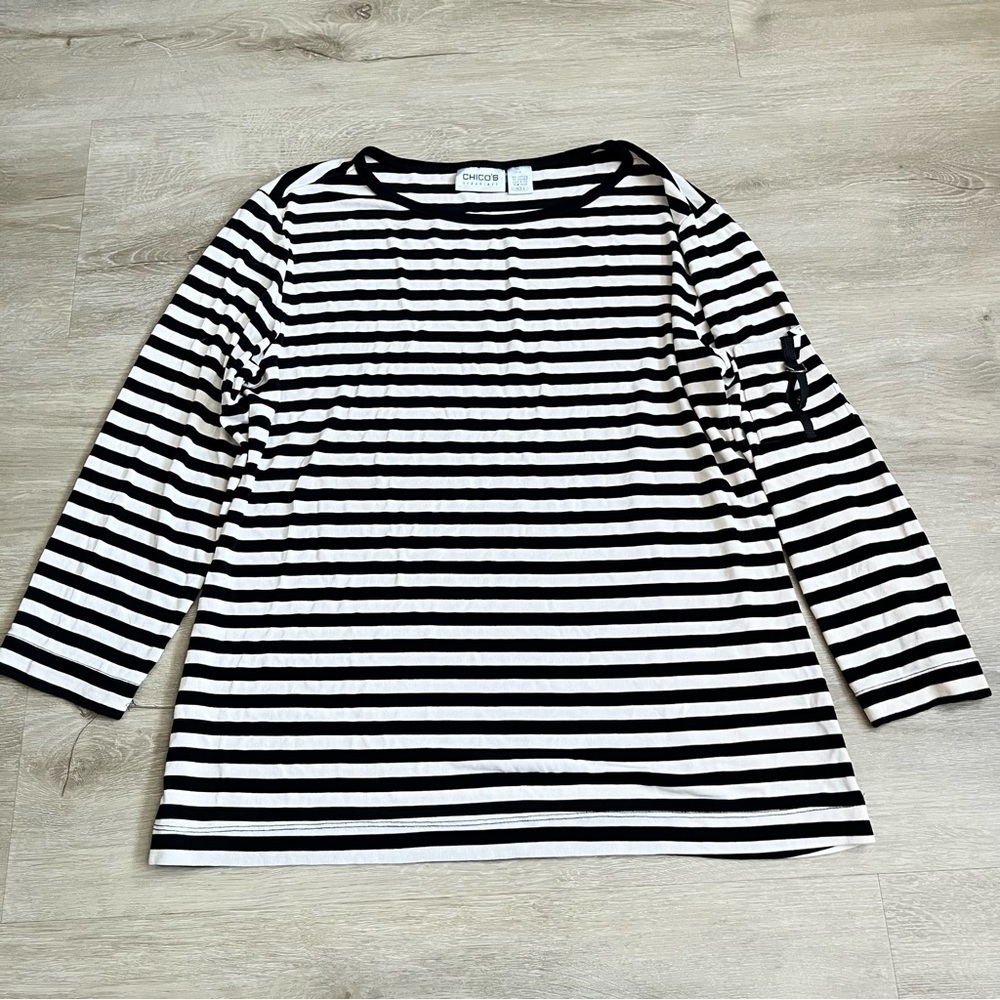 Chico's Travelers Black and Tan Striped 3/4 Sleeve Top size 2 M